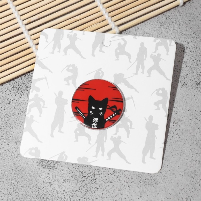 Значок «Япония» кот с нунчаками, цвет чёрно-красный в серебре