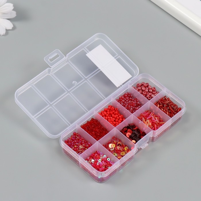 Бисер стекло 6/0, 12/0 в шкатулке  Бисер стекло 6/0, 12/0 в шкатулке "Алый" стеклярус и пайетки 12,5х6,5х2 см