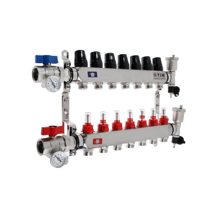 Коллекторная группа TIM KAS5007, 1" х 3/4", 7 выходов, с расходомерами, нержавеющая сталь