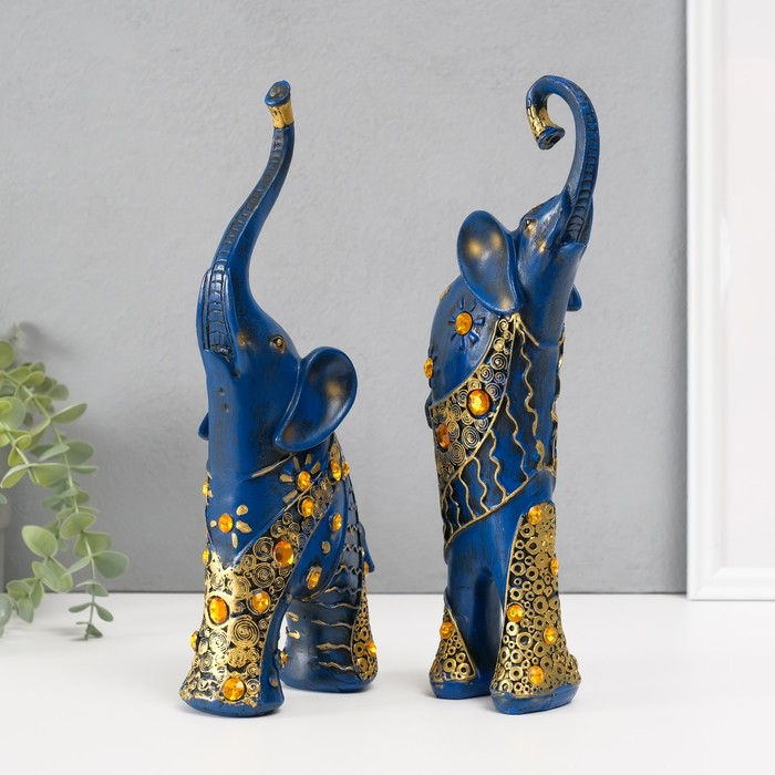 Сувенир полистоун Сувенир полистоун "Синие слоны с оранжевыми стразами" набор 2 шт 28,5х21х8,3 см