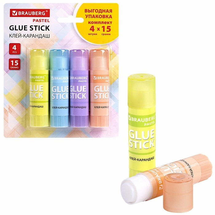 Клей-карандаш PVP 15г BRAUBERG PASTEL, Набор 4шт , блистер 271250 Клей-карандаш PVP 15г BRAUBERG PASTEL, Набор 4шт , блистер 271250
