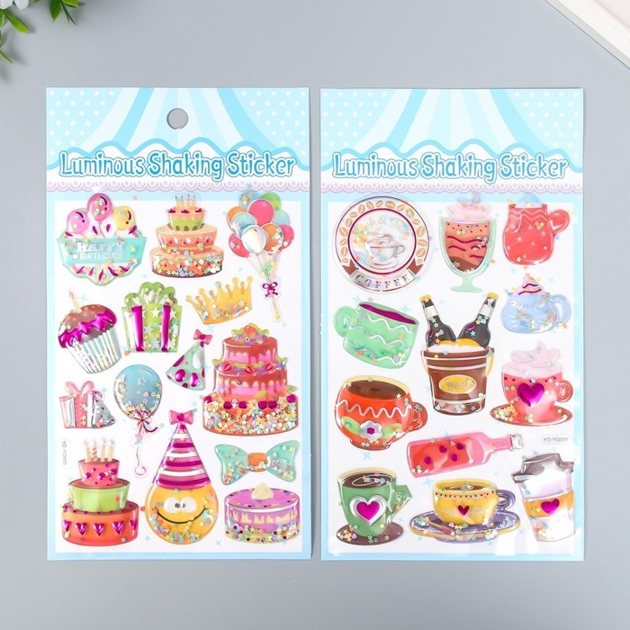 Наклейка пластик объёмные с глиттером Наклейка пластик объёмные с глиттером "Напитки/Десерты" золото/серебро МИКС