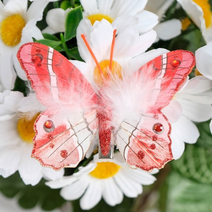 Бабочки для декора и флористики, на прищепке, пластиковые, красные, микс, 5 см и 8 см Бабочки для декора и флористики, на прищепке, пластиковые, красные, микс, 5 см и 8 см