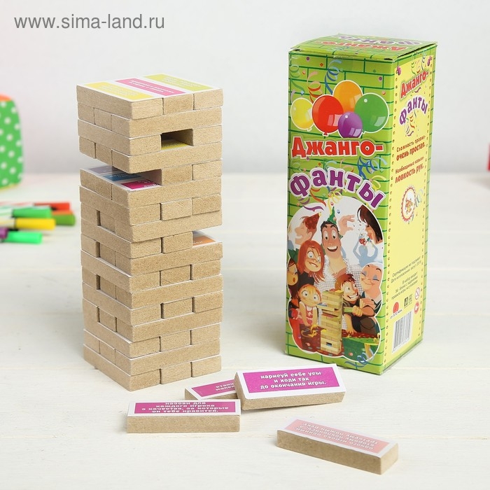 Падающая башня дженга, настольная игра  Падающая башня дженга, настольная игра "Фанты", с заданиями, 54 бруска, 18.5 х 6.5 см