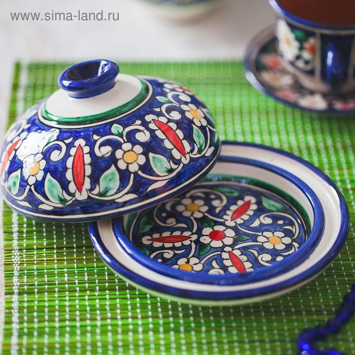 Масленка Риштанская Керамика Масленка Риштанская Керамика "Цветы", 13 см, синий