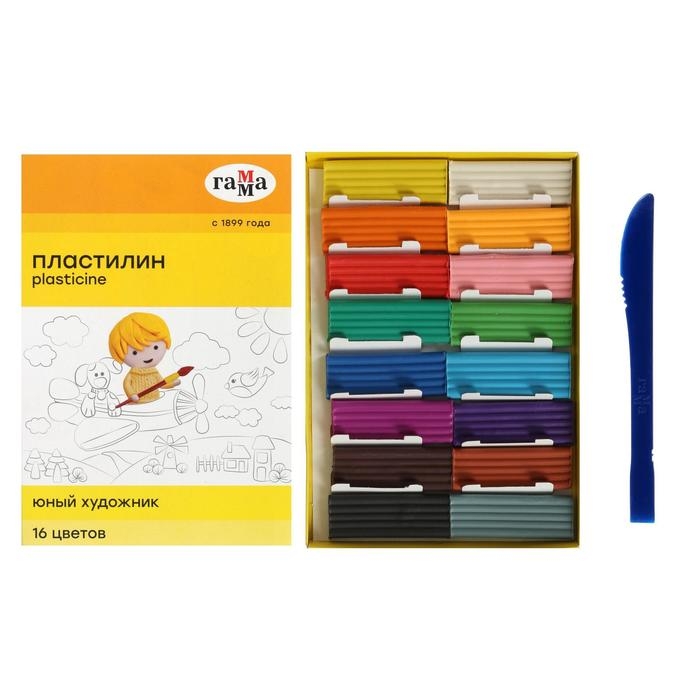 Пластилин 16 цветов 224 г, Гамма Пластилин 16 цветов 224 г, Гамма "Юный художник", со стеком, картонная упаковка 280046