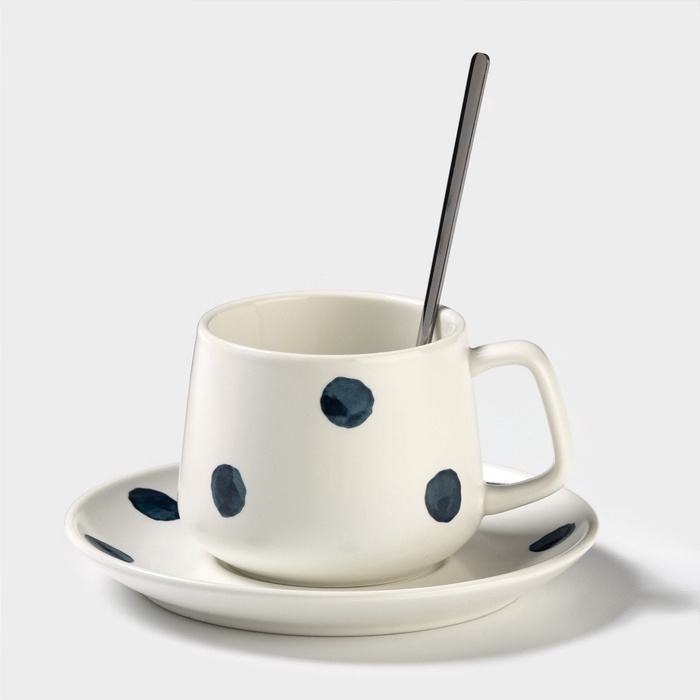 Чайная пара «Горошек», 220 мл, с ложкой, блюдце d=15, кружка 9,5×7,5×7 см, керамика, белая Чайная пара «Горошек», 220 мл, с ложкой, блюдце d=15, кружка 9,5×7,5×7 см, керамика, белая
