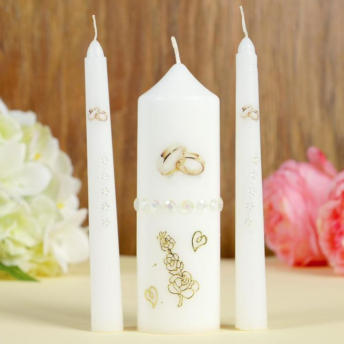 Набор свадебных свечей с бусинами  Набор свадебных свечей с бусинами "Обручальные кольца", белый, ручная работа, микс