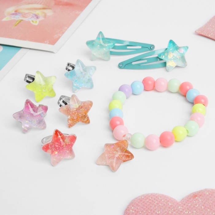 Комплект детский «Выбражулька» 6 предметов: 2 заколки, браслет, 5 колец, звёзды, цветной Комплект детский «Выбражулька» 6 предметов: 2 заколки, браслет, 5 колец, звёзды, цветной