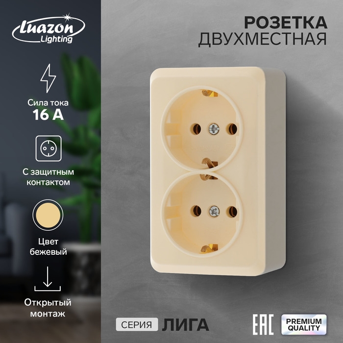Розетка двухместная Luazon Lighting  Розетка двухместная Luazon Lighting "Лига", 16 А, накладная, с з/к, бежевая