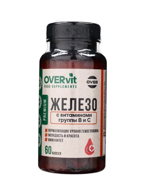 Железо с витаминами В3, В6, В9, В12, С OVERvit, 60 капсул Железо с витаминами В3, В6, В9, В12, С OVERvit, 60 капсул