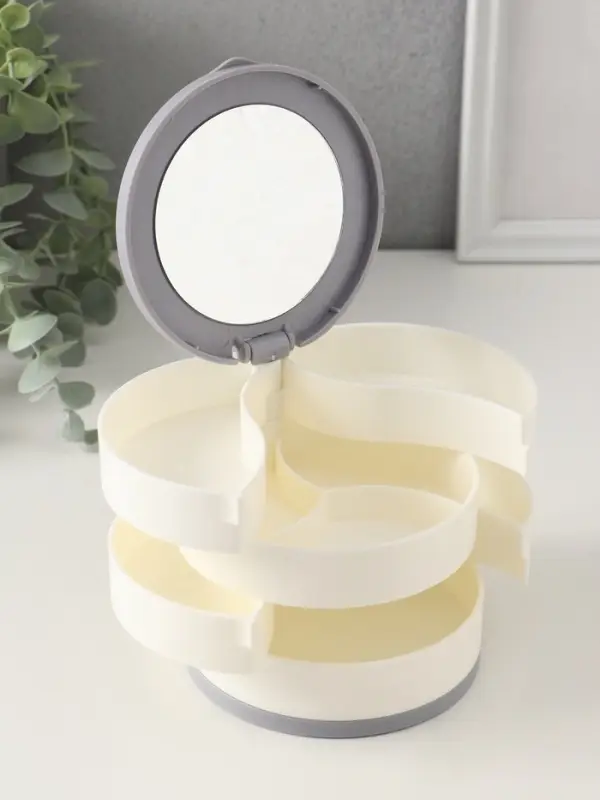 Шкатулка - органайзер для хранения украшений &laquo;Круглая. 4 уровня&raquo;, пластик, зеркало, белая, 10&times;10&times;10 см