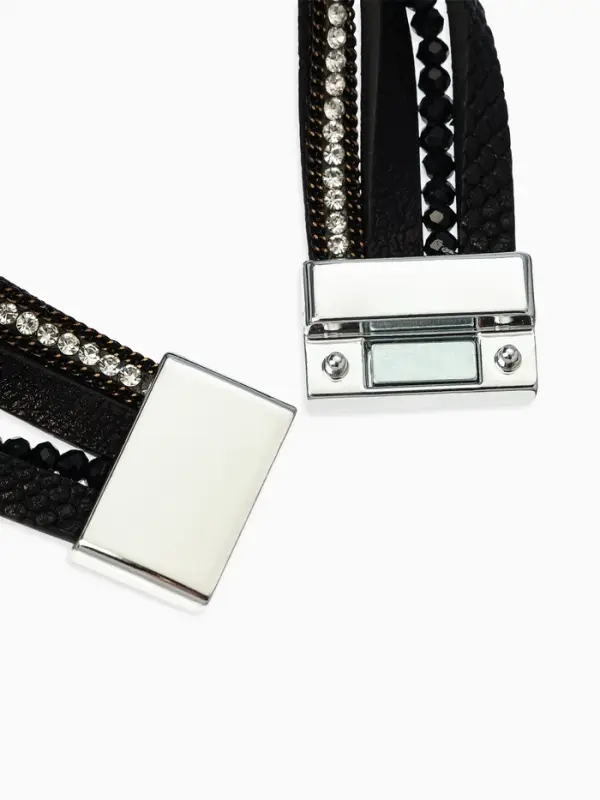 Браслет кожаный на магните &laquo;Камни и стразы&raquo;, L=19.5 см, белый, чёрный в серебре