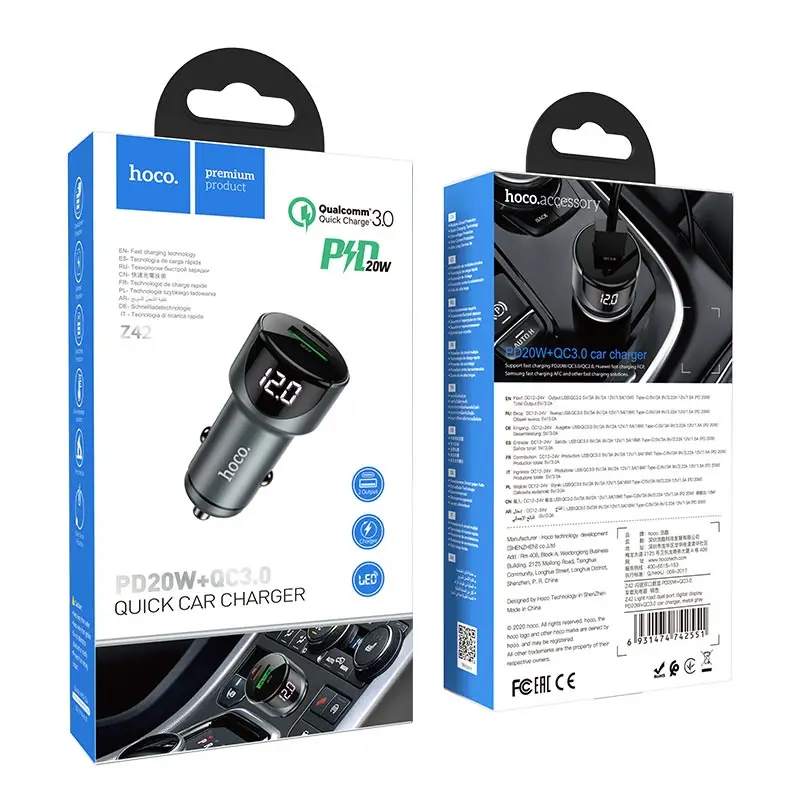 Переходник автомобильного зарядного устройства на Type-C PD20W + USB QC3.0  Z42 HOCO серый