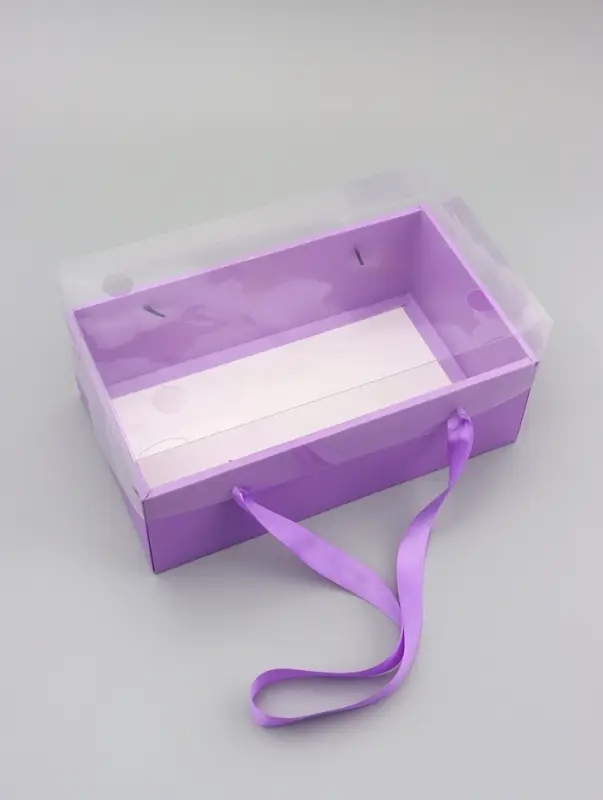 Коробка подарчная с бантом, ручками и прозрачной крышкой 35 х 21 х 15 см Сиреневая