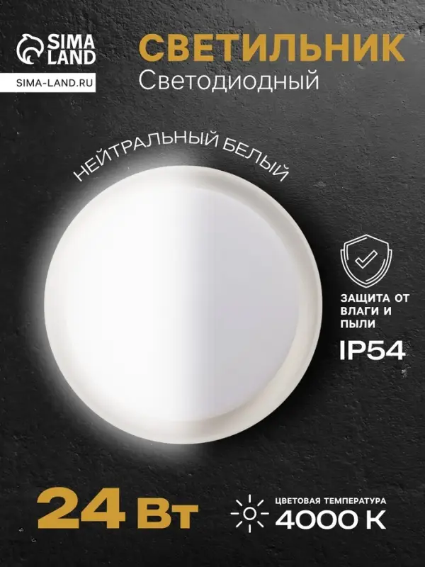 Светильник светодиодный герметичный, 24 Вт, IP54, 4000К, 220 В, круг, белый