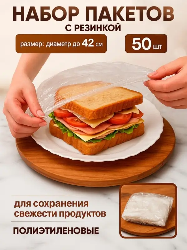 Набор пакетов для сохранения свежести продуктов с резинкой, &Oslash; до 42 см, 50 шт.