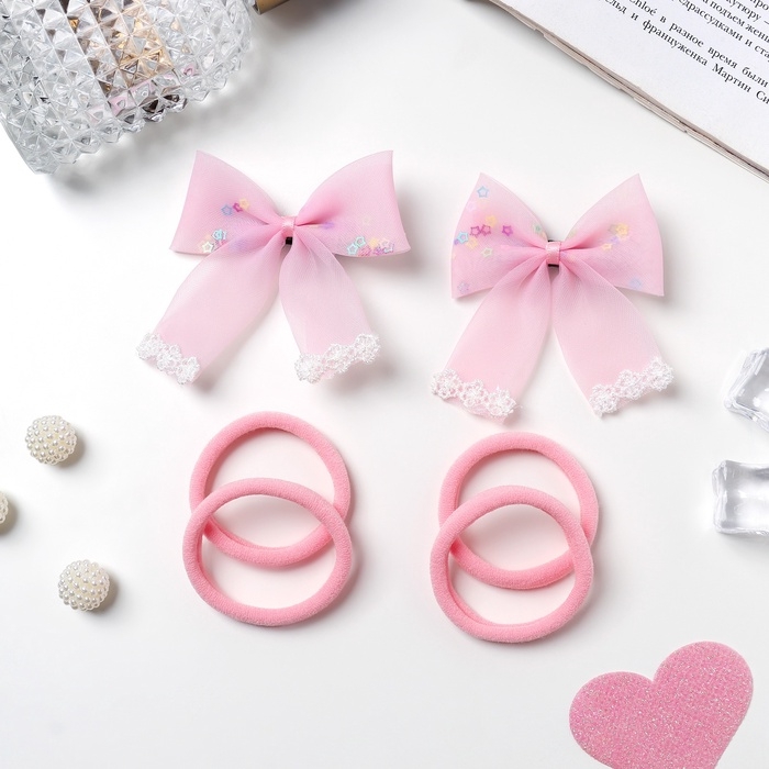 Набор для волос Набор для волос "Кокетка" (4 резинки 4 см, 2 зажима 6,5 см) кружева, розовый