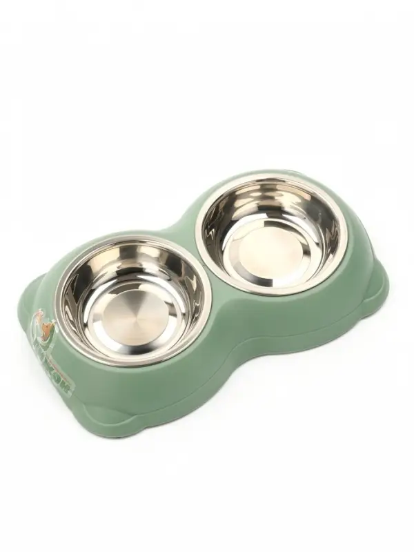 Миска двойная, 26.3&times;16&times;3.9 см, на пластиковом основании, металл, зелёная