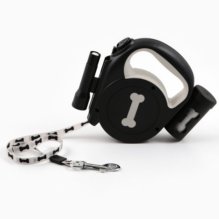 Рулетка «Косточка» с фонарем и отсеком для пакетов, 4,5 м, вес животного до 20 кг, черная Рулетка «Косточка» с фонарем и отсеком для пакетов, 4,5 м, вес животного до 20 кг, черная