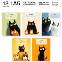 Тетрадь 12 листов в линейку, А5, на скрепке, блок №1 &laquo;Коты&raquo;
