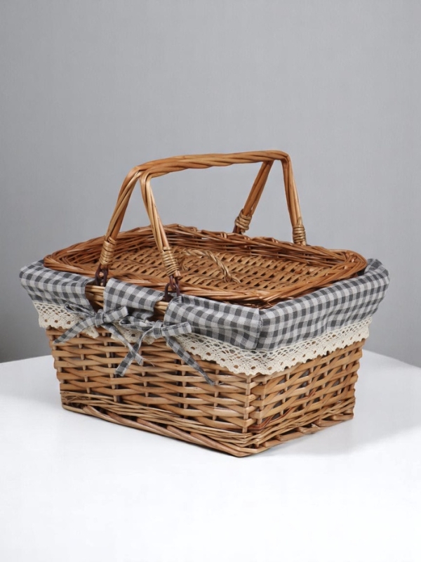 Корзина-лукошко, ткань , 2е ручки складные (внутри металл) с крышкой.  35*26 см, Н 18 см, Н с ручкам