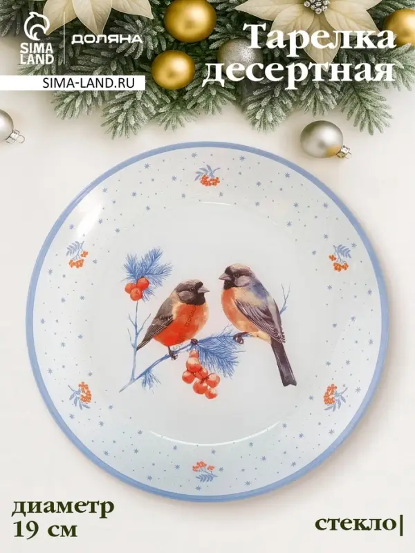 Десертная тарелка новогодняя Доляна &laquo;Снегири на ветке&raquo;, d=19 см, стекло, белая, голубая