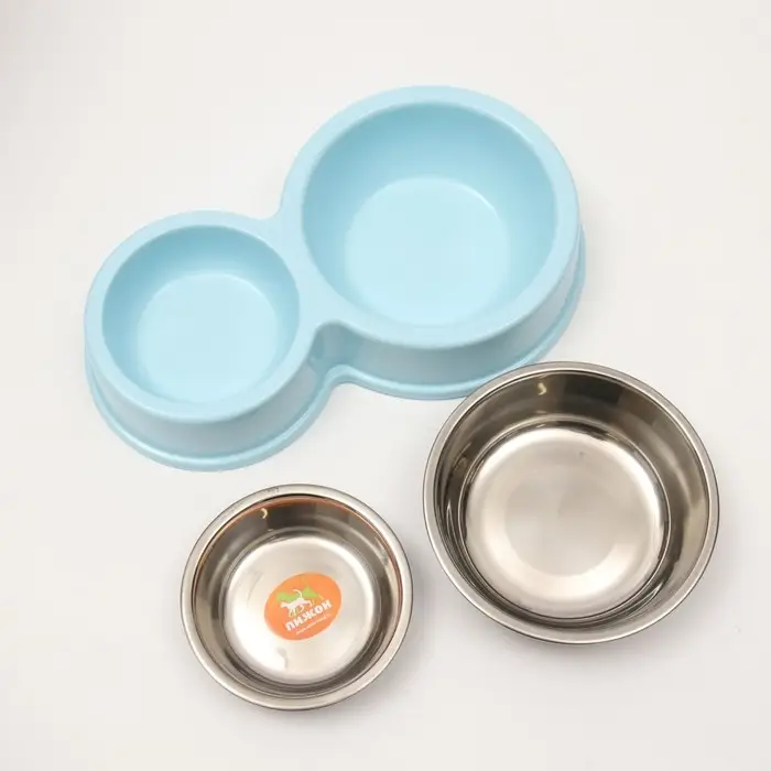 Миска металлическая двойная на пластиковом основании, 28 х 17,3 х 5 см, голубая Миска металлическая двойная на пластиковом основании, 28 х 17,3 х 5 см, голубая