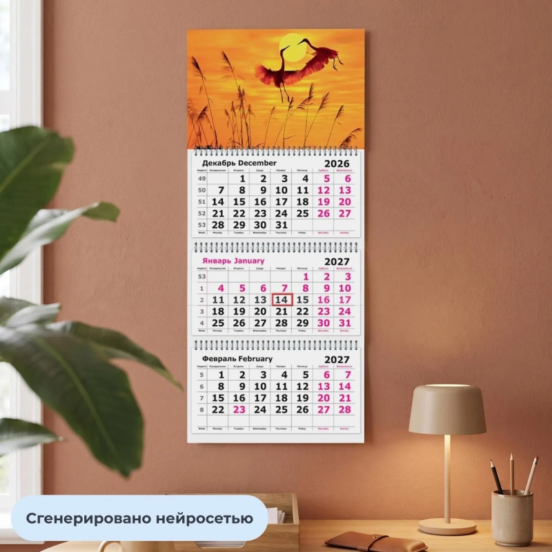 Календарь настенный 3-х блочный 2027 Attache Журавли 305х675мм