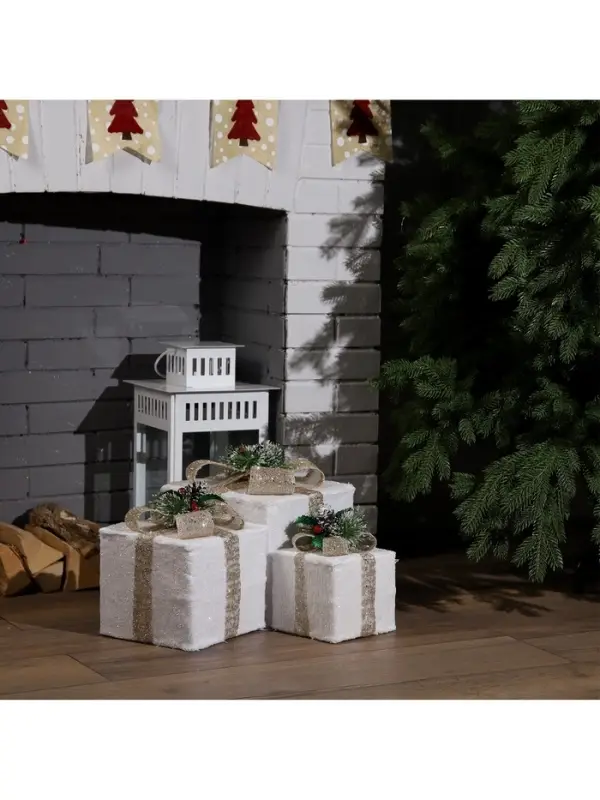 Светодиодная фигура &laquo;Подарки с бежевой лентой&raquo; 15, 20, 25 см, текстиль, металл, 220 В, свечение тёплое белое