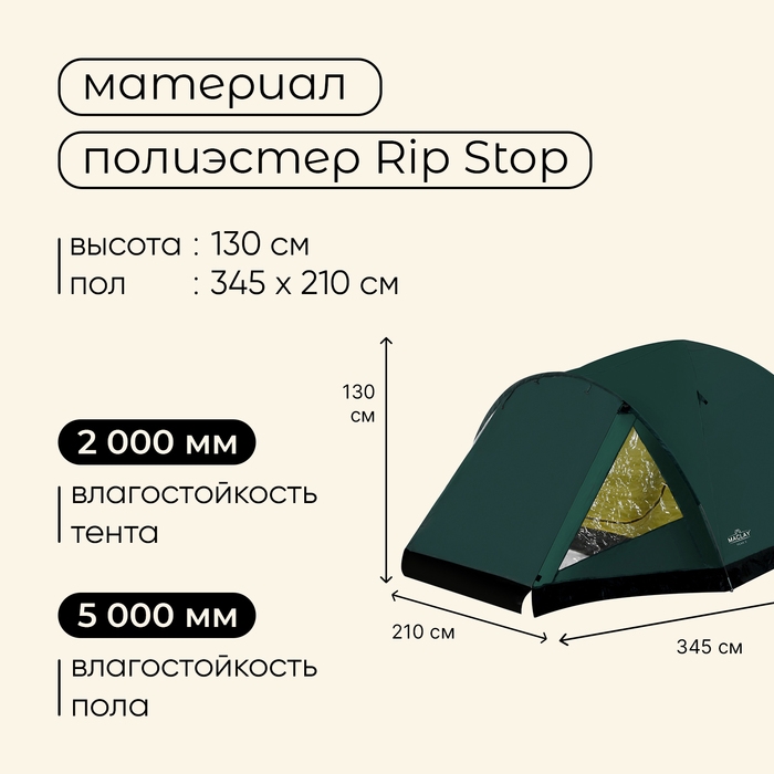 Палатка туристическая 3-местная maclay PEAK 3, 345×210×130 см, трекинговая, двухслойная, с тамбуром, зелёная