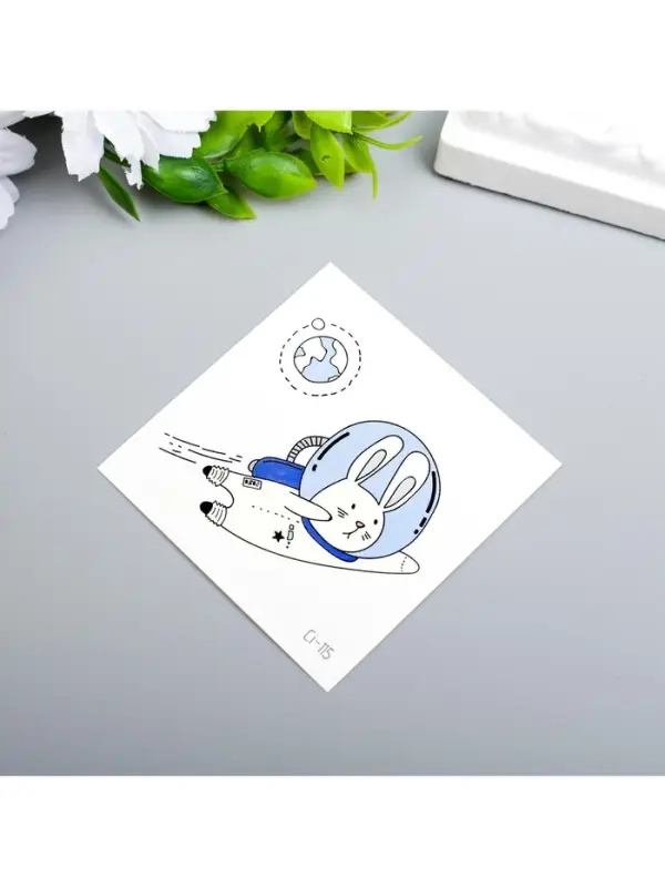 Переводная тату цветная «Зайчик в космосе», временная татуировка светящаяся, 6×6 см