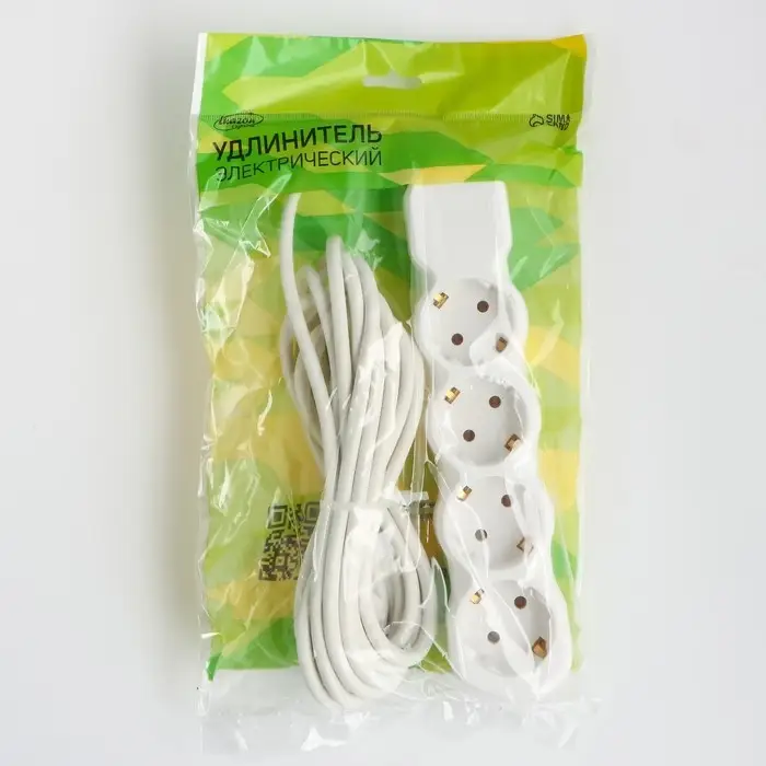 Удлинитель сетевой Luazon Lighting ECO, 4 розетки, 4.5 м, 16 А, 3500 Вт, заземление, белый
