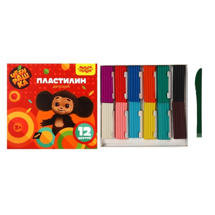 Пластилин 12 цветов 180 г, Мульти-Пульти  Пластилин 12 цветов 180 г, Мульти-Пульти "Чебурашка", со стеком, картонная упаковка