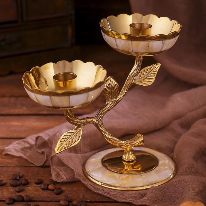 Подсвечник латунь на 2 свечи "Цветение" с перламутром 16х10х16,5 см