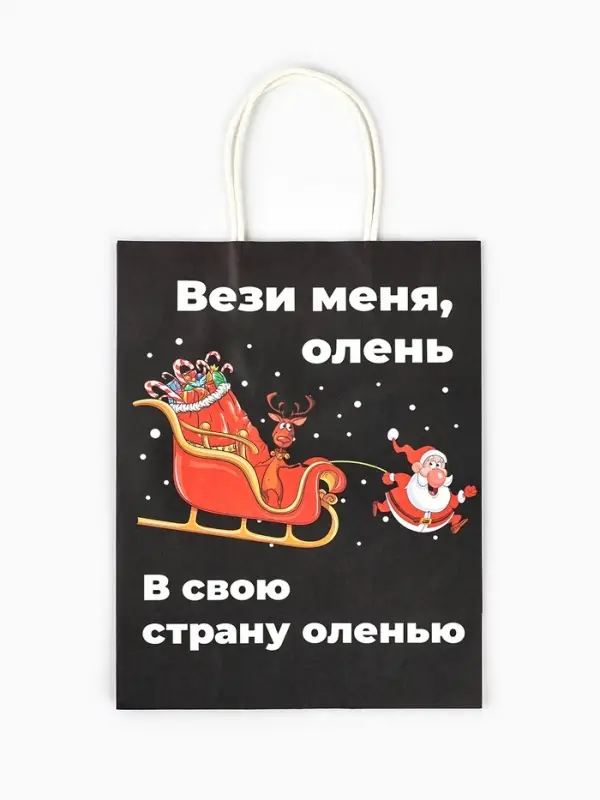 Пакет бумажный подарочный новогодний крафт, &laquo;Вези меня&raquo;, 27&times;21&times;11 см