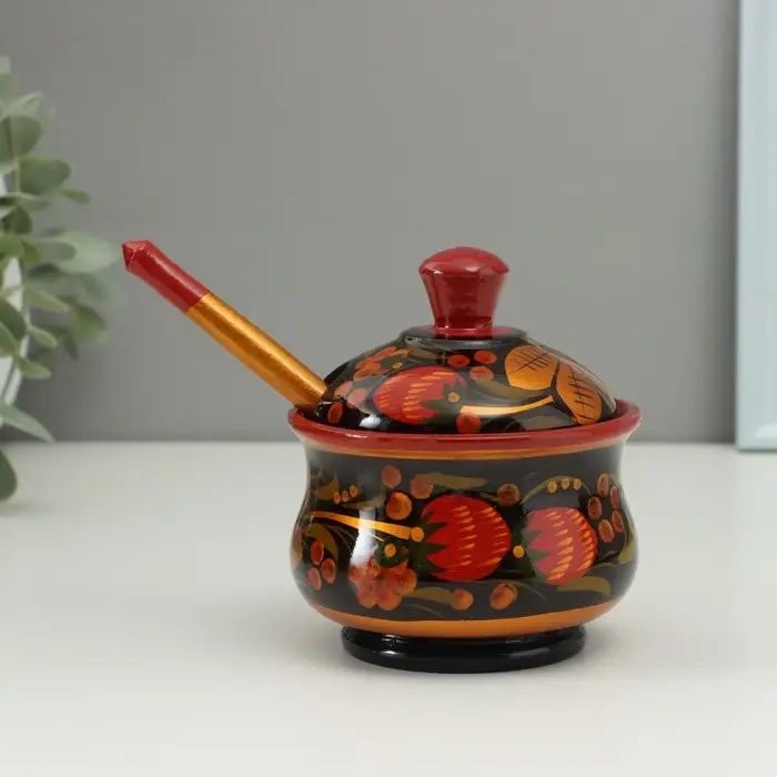 Сахарница дерево хохлома &laquo;Красота&raquo; с ложкой, 10&times;9 см