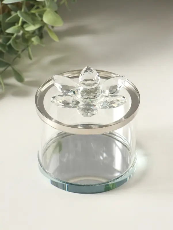 Шкатулка стекло с металлическим ободком "Лотос" серебро 8,2х8,2х8,5 см