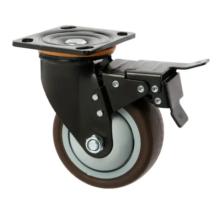 Колесо для транспортной тележек поворотное ТУНДРА, d=125 мм, на площадке, со стопором, покрытие TPR 9917