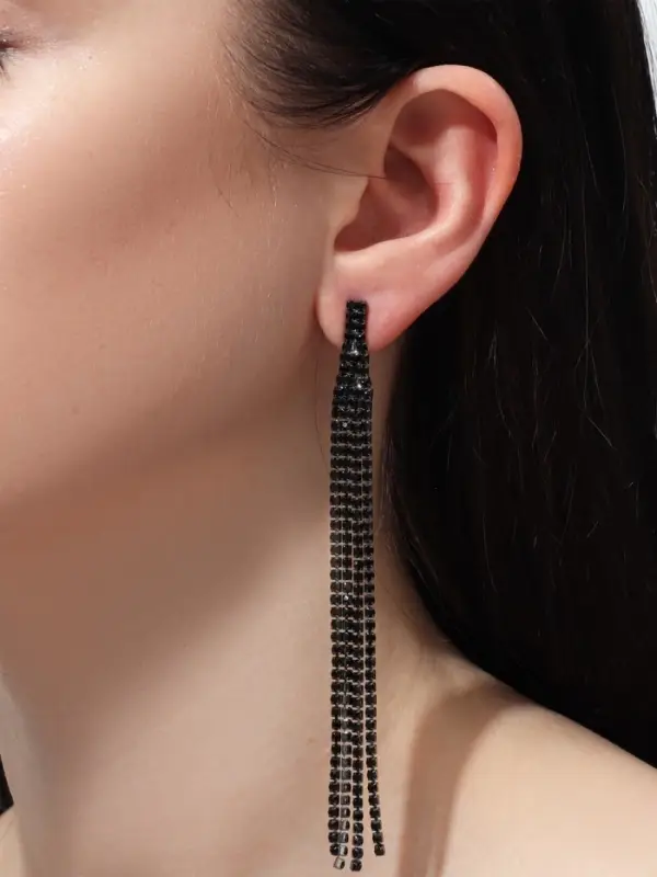 Серьги висячие со стразами &laquo;Лёд&raquo;, 4 нити, чёрные, 11.5 см