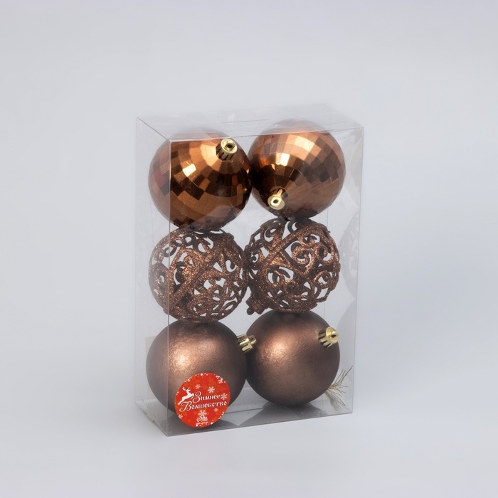 Набор шаров пластик d-8 см, 6 шт Набор шаров пластик d-8 см, 6 шт "Ажурный перелив" коричневый