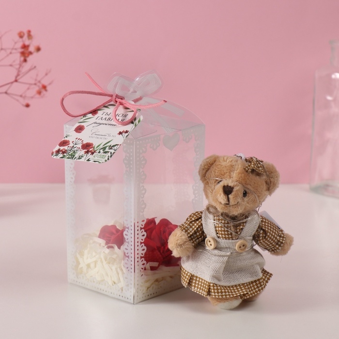 Набор подарочный "Мишка в платье" мыльные красные розы 5 шт, роса 7х7х12 см