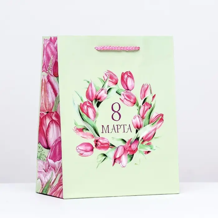 Пакет подарочный «8 марта», зеленый, 18×22.3×10 см