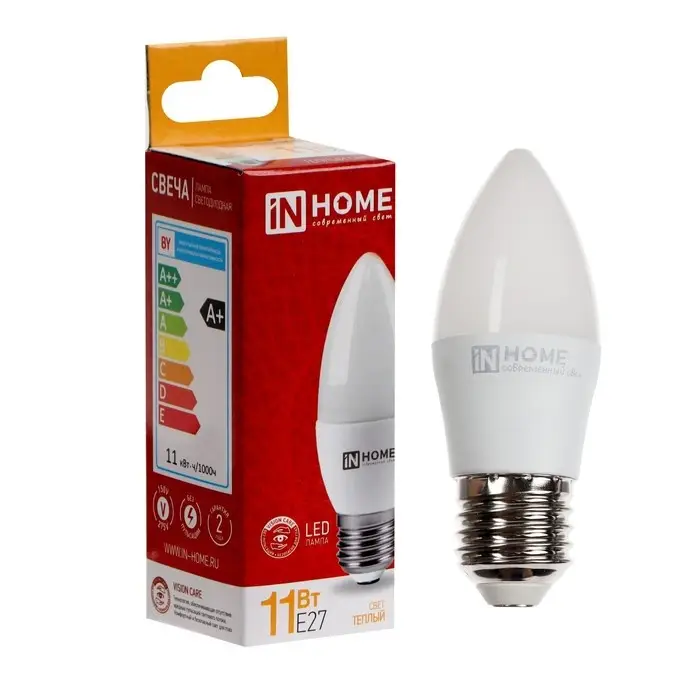 Лампа светодиодная IN HOME LED-СВЕЧА-VC, 11 Вт, 230 В, Е27, 3000 К, 1050 Лм Лампа светодиодная IN HOME LED-СВЕЧА-VC, 11 Вт, 230 В, Е27, 3000 К, 1050 Лм