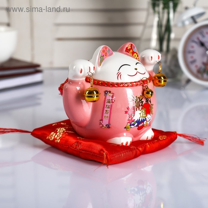 Копилка керамика Копилка керамика "Кот манэки-нэко розовый с колокольчиками" 10,5х13,5х9 см
