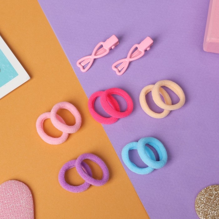 Набор для волос Набор для волос "Карамель" (10 резинок 1,5 см, 2 зажима 3 см) сердечки, розовый