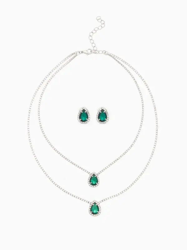 Набор 2 предмета: серьги, колье &laquo;Жаклин&raquo;, дуэт, капля, цвет бело-изумрудный в серебре, 45 см