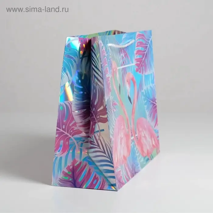 Пакет подарочный голографический, упаковка, &laquo;Фламинго&raquo;, 32&times;26&times;12 см