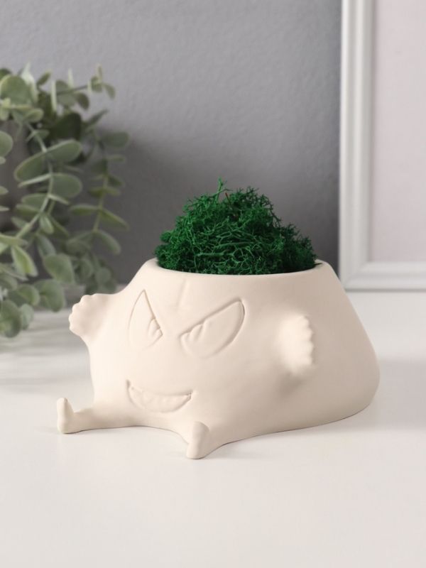 Кашпо бетонное  Кашпо бетонное "Злобный смех" со мхом 15,5*12,5*6 см белый (мох зеленый стабилизирован)