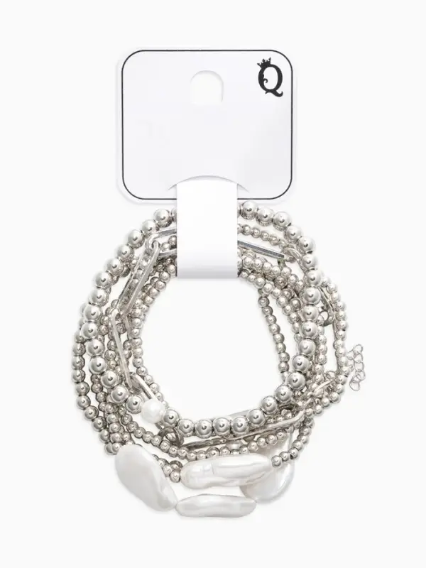 Набор браслетов &laquo;Жемчуг Барочный с цепями&raquo;, 7 шт. белый в серебре